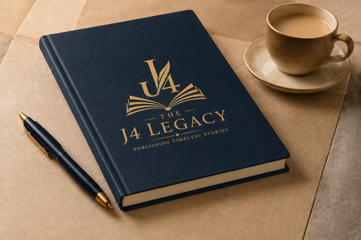 The J4 Legacy book with coffee